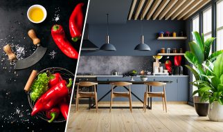 Modern style kitchen interior design with dark blue wall.