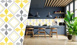 Modern style kitchen interior design with dark blue wall.